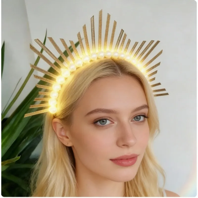 

Night Glow Madonna Halo Tiara - Light Up Golden Sunburst Crown with Pearl Accents for Witch Costume, Wedding, Hen Party