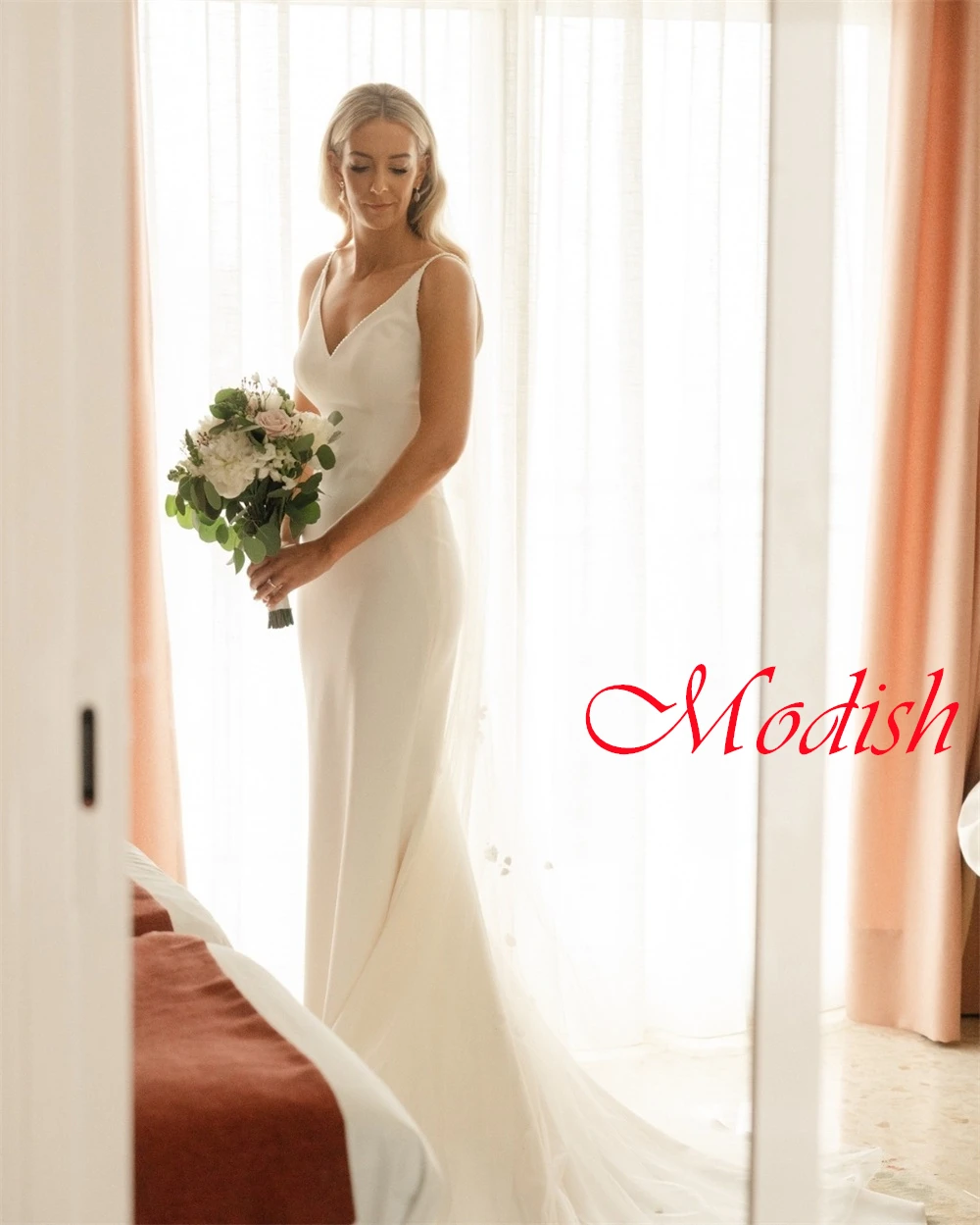 Свадебное платье из белого джерси по индивидуальному заказу, темпераментное свадебное платье без рукавов с v-образным вырезом на бретельках, платье с застежкой-молнией сзади