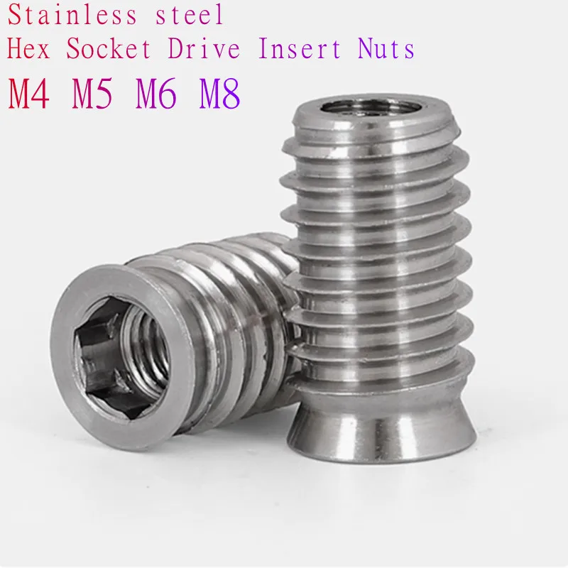 5pcs 304 Stiainless Steel M4 M5 M6 M8 Hex Socket Drive Insert Nuts Threaded For Wood Furniture