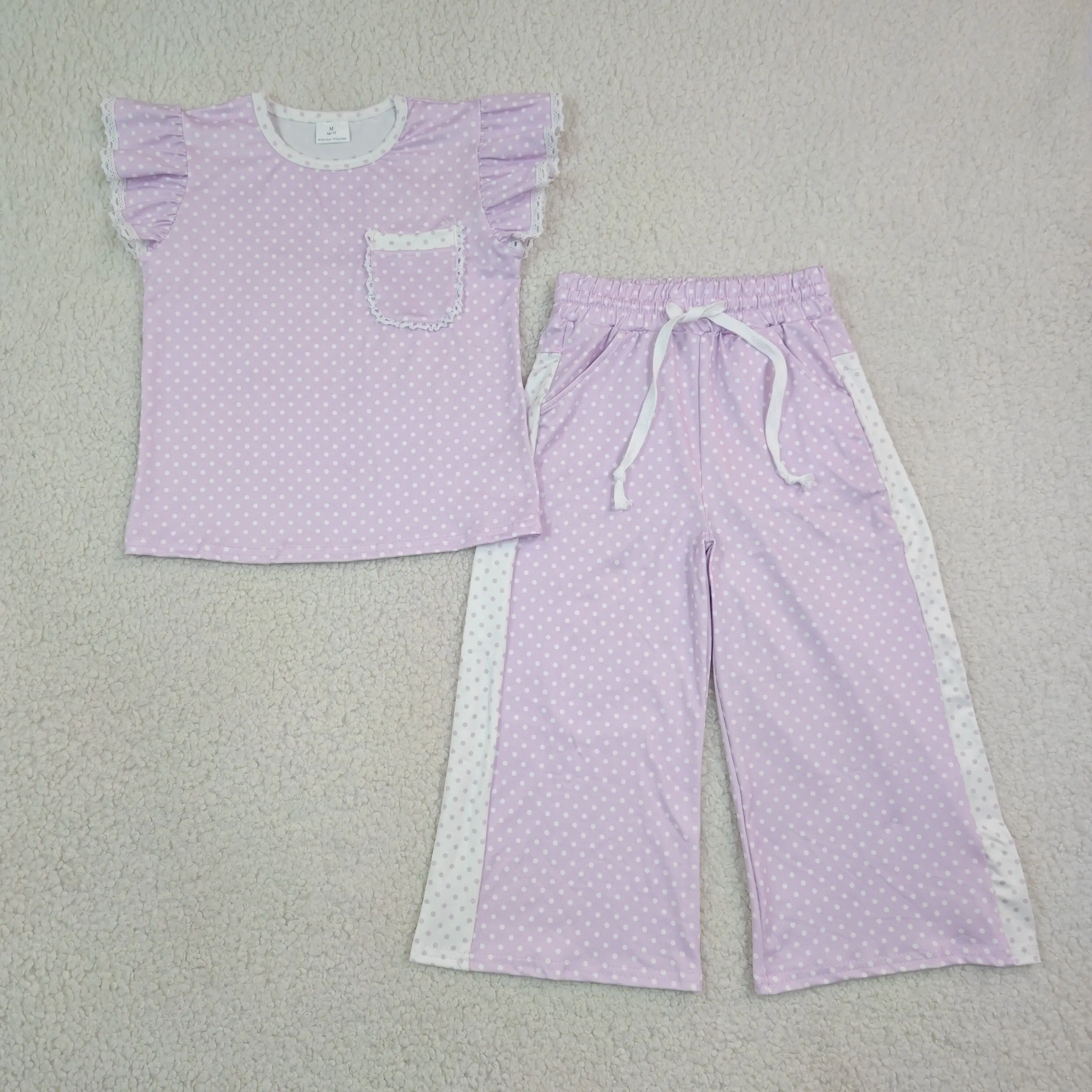 Wholesale Baby Girl Short Sleeves Dots Pocket Shirt Kids Purple Pants Children Toddler Outfit Girls Spring Fall Clothing