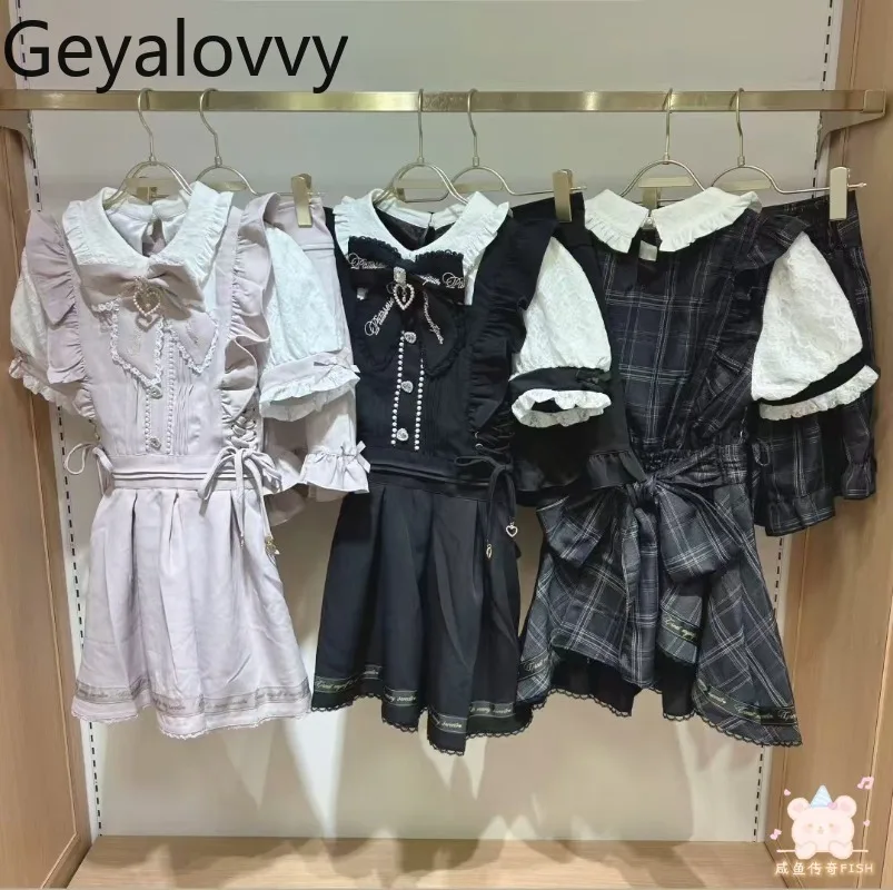 New Summer Pearl Embroidery Bow High Waist Slim Dress Mass-Produced Lolita Short Sleeve Dresses and Skirt Shorts Two-Piece Set