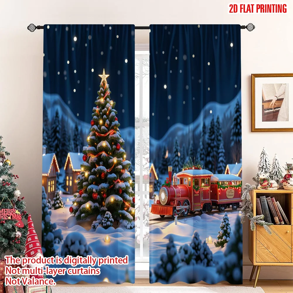 2pcs 2D flat printing Merry Christmas Curtains Cozy Christmas Village Train Polyester Without Electricity Holiday Decorations
