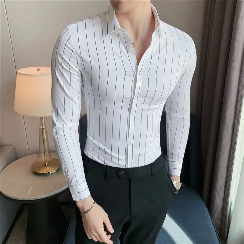 Stripe Shirts for Men 2024 Autumn New British Style Anti Wrinkle Soft Solid Casual Long Sleeved Camisas De Hombre Men Clothing