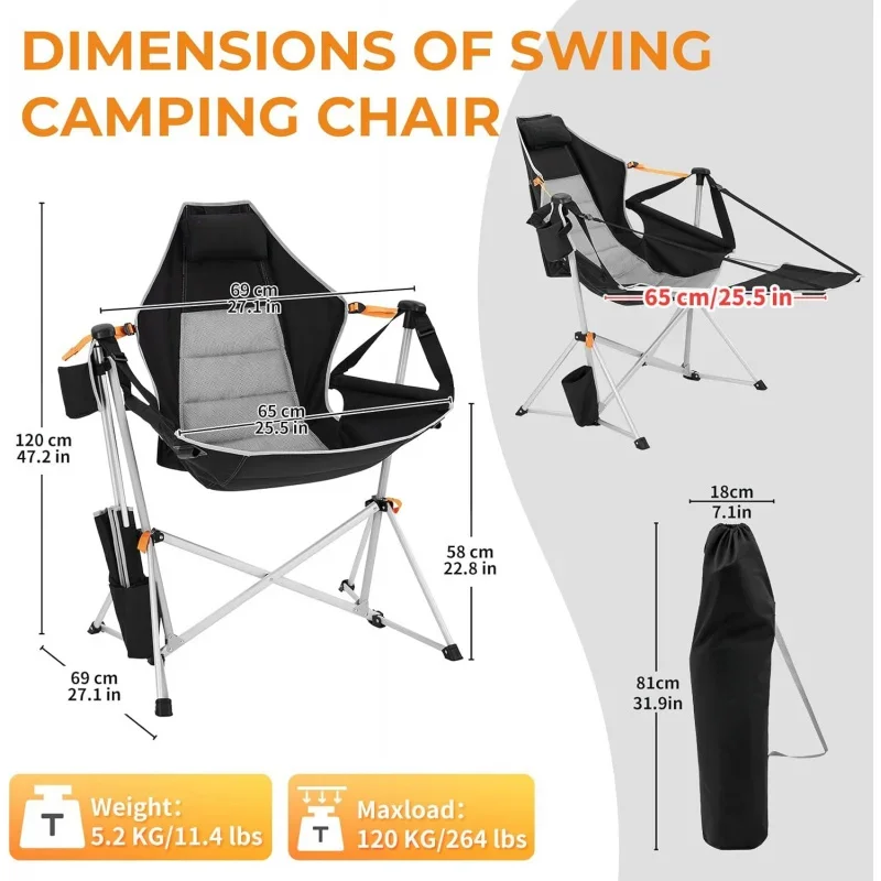 Camping Chair, Hammock Chair, Folding Rocking Chair, Aluminum Adjustable Back Swing Chair, Chair with Removable Footrest Pillow