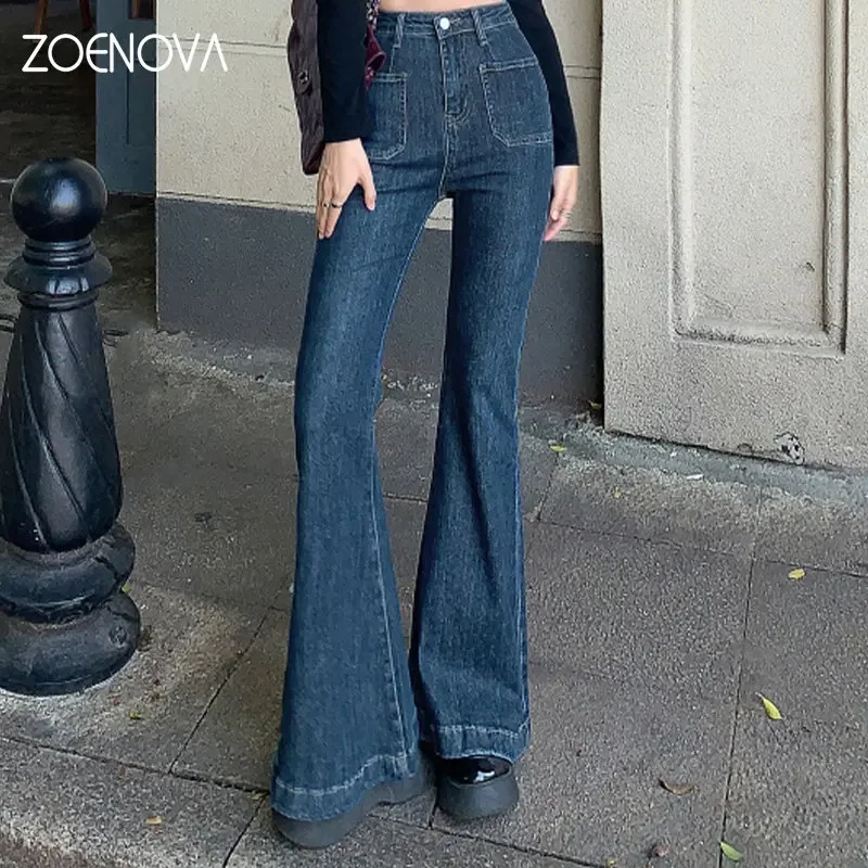 ZOENOVA Y2K 2023, pantalones vaqueros Vintage azules de cintura alta para mujer, pantalones vaqueros largos acampanados de pierna ancha, ropa de calle vaquera elástica para mujer