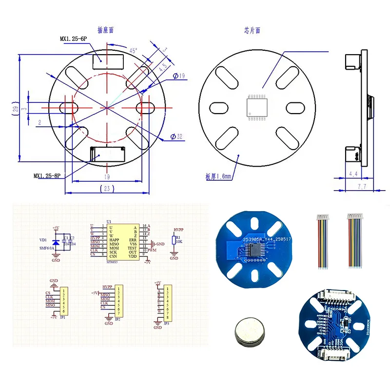 MT6825/35/26S Magnetic Encoder with 1-16384 Pulses, Supporting SPI