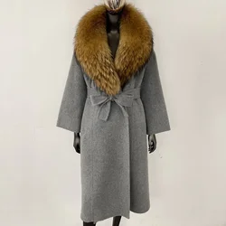 2024 New Oversize Ladies Outerwear Real Fur Coat Winter Women Natural Fox Fur Collar Jacket Hood Cashmere Woolen Blend Coat