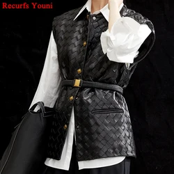 Hand Knittd Lambskin Jacket For Women New Luxury Genuine Leather Vest Femme O-Neck Single Breasted Waistcoat with Elastic Blet