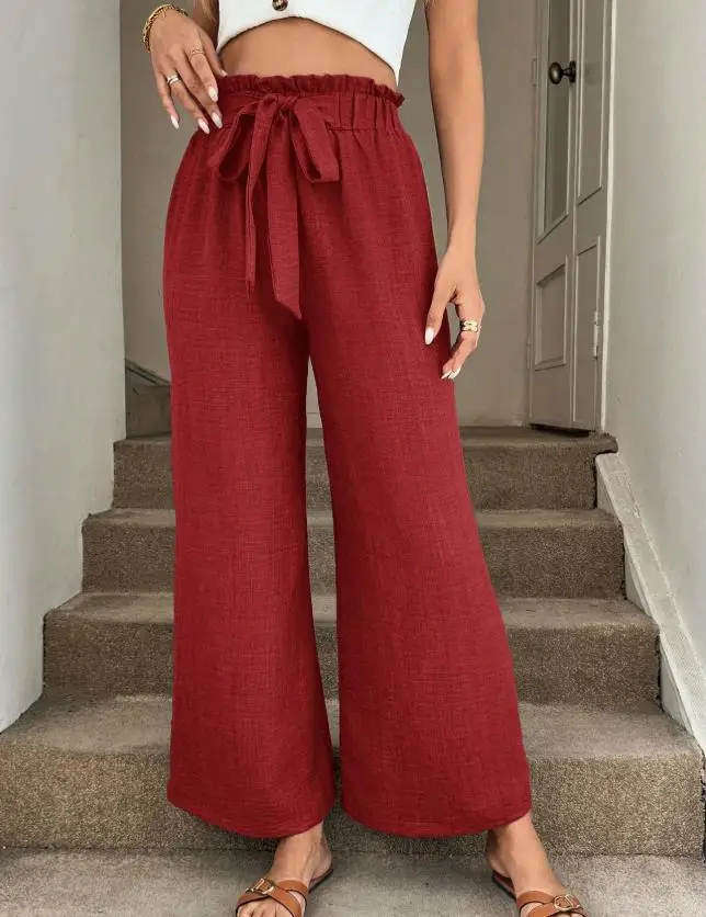 

Summer Lightweight Cotton and Linen Material Women's Resort Wide-Leg Pants, High-Waisted Lace-Up Casual Pants