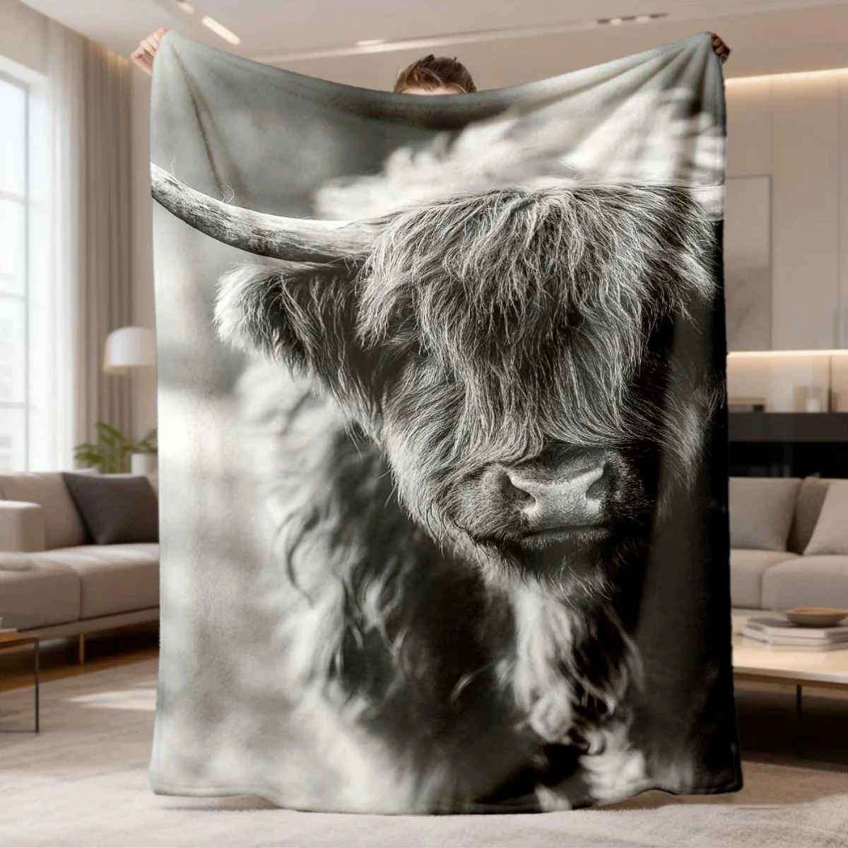 Vintage Monochrome Fluffy Highland Cow Close Up Flannel Throw Blanket, Warm Cozy Blanket, Western Farm Style Bedroom Decor Gift