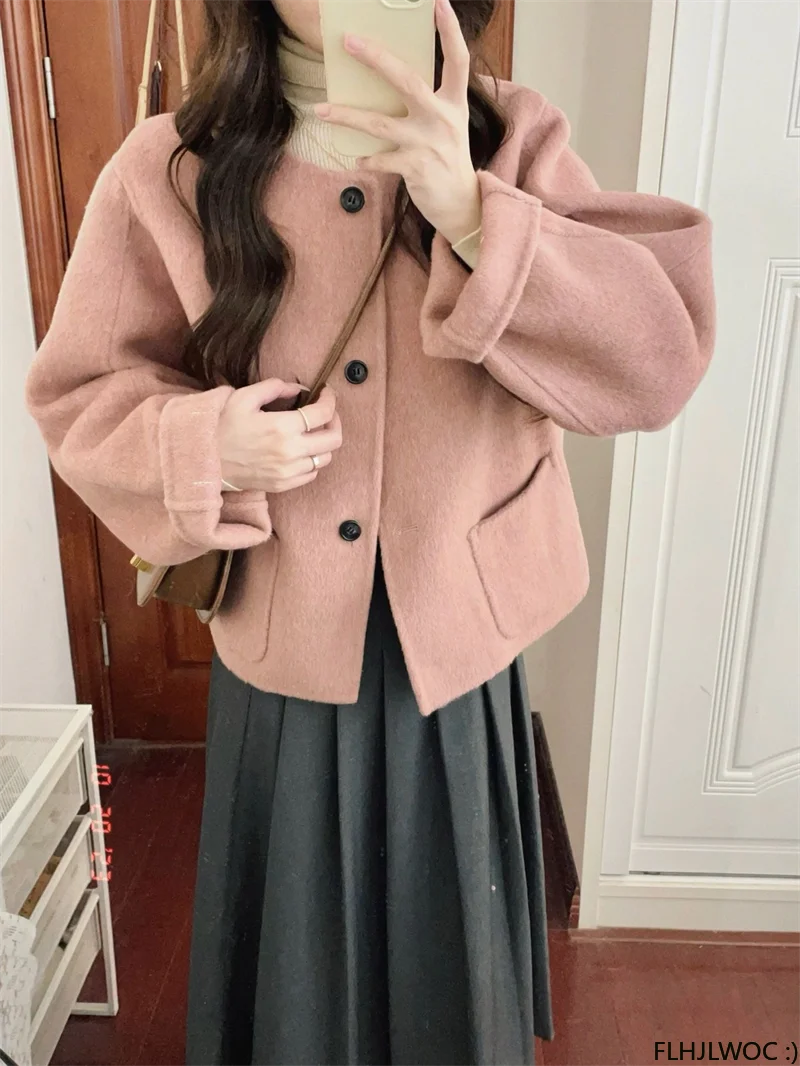 Cute Short Jackets Pink Retro Vintage Preppy Design Chic Korea Japan Style Girls Office Lady Woolen Coats 2024 Winter Spring