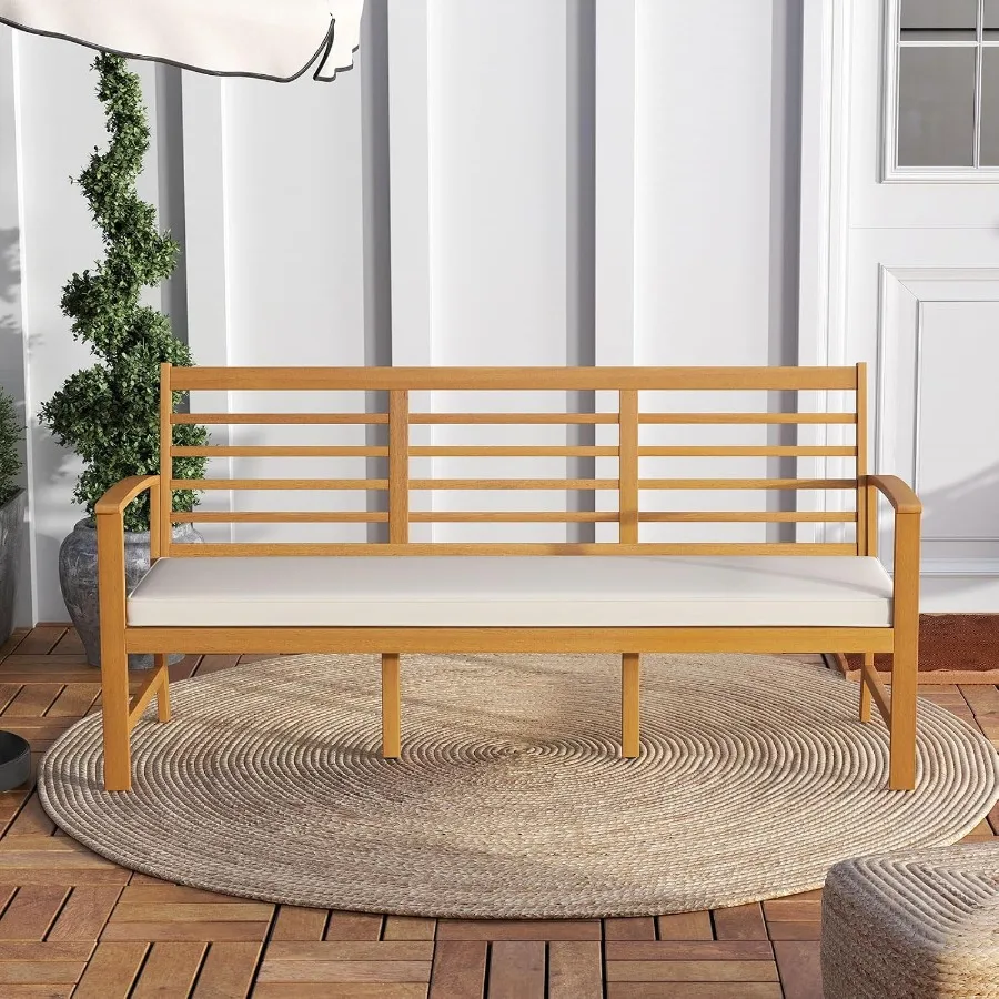 64 Inch Patio Acacia Wood Bench 3Seat Extra Long Chair with Cushion Slatted Seat Backrest 3Person Outdoor Wood Bench for Backya