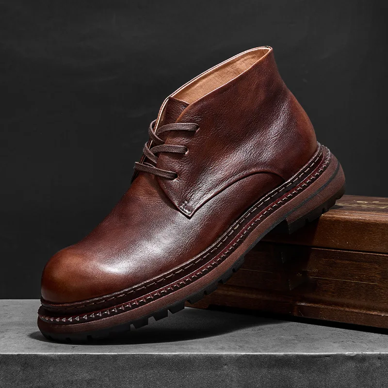 Men's Vintage British Genuine Leather High-Top Work Boots | Top Grain Cowhide Ankle Boots | Trendy Casual Combat Footwear