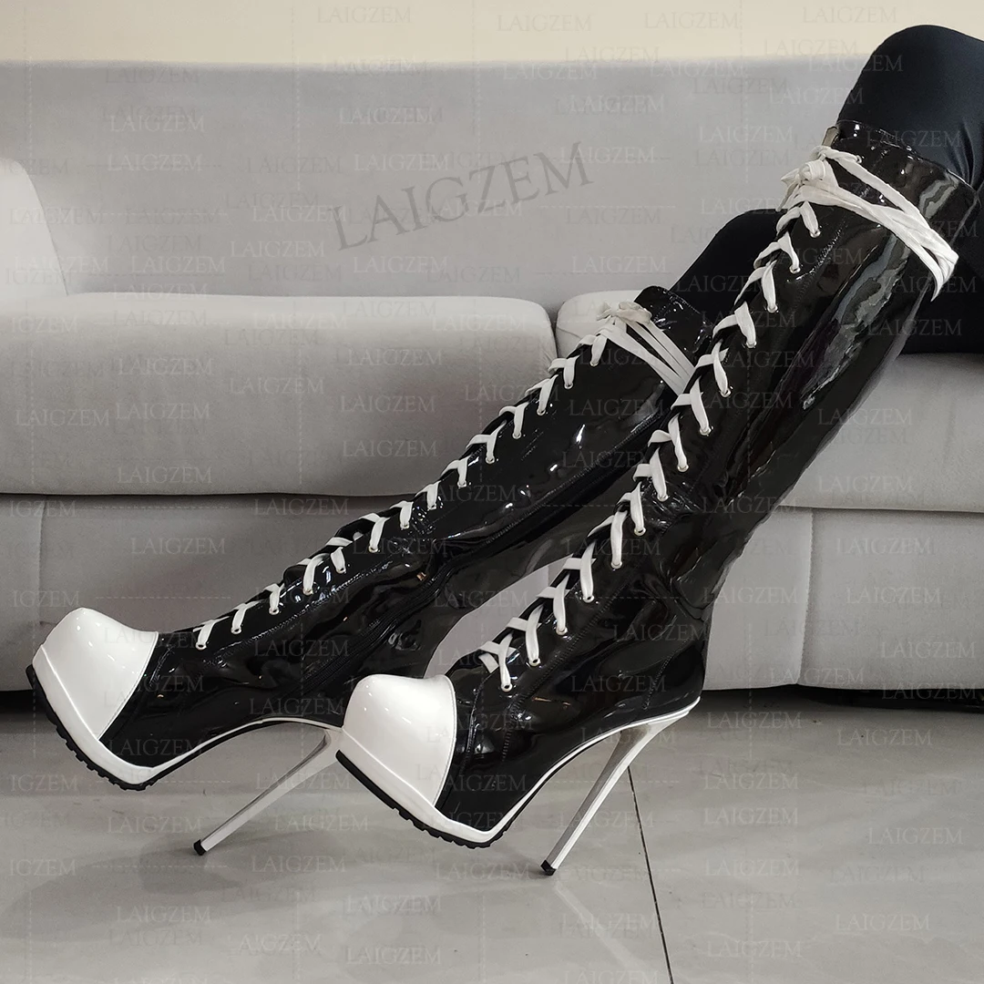 LAIGZEM Women Knee High Platform Boots Round Toe Full Zipper Thin High Heel Boots Handmade Ladies Shoes Woman Plus Size 41 46 52