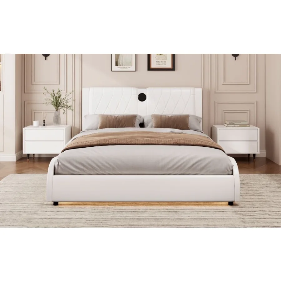 เตียงแพลตฟอร์มหุ้มหนังเทียมหรูหราขนาดควีนไซส์พร้อมลําโพงบลูทูธบอร์ดหนาและไฟ LED RGB ไม่มีกล่อง Spr