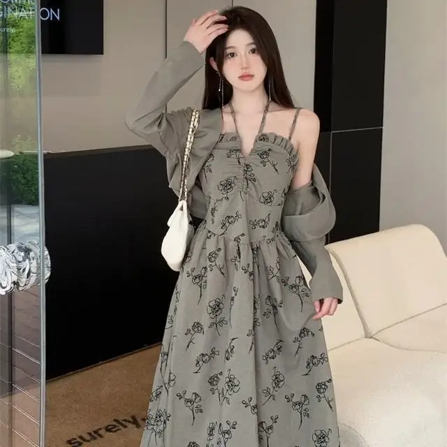 

Korea Autumn New Two-Piece Short Shawl Long Sleeve Coat Hanging Neck Flower Print Long Dress Women'S Waist Niche Design Suit