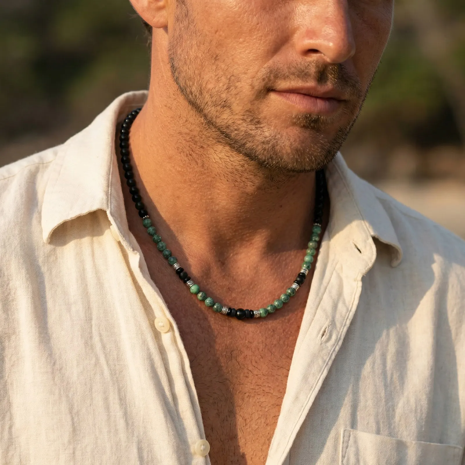 

Vnox Men's Stainless Steel Natural Stone Beaded Necklace Adjustable Green Lucky Choker Casual Boho Beach Jewelry Gift for Boys