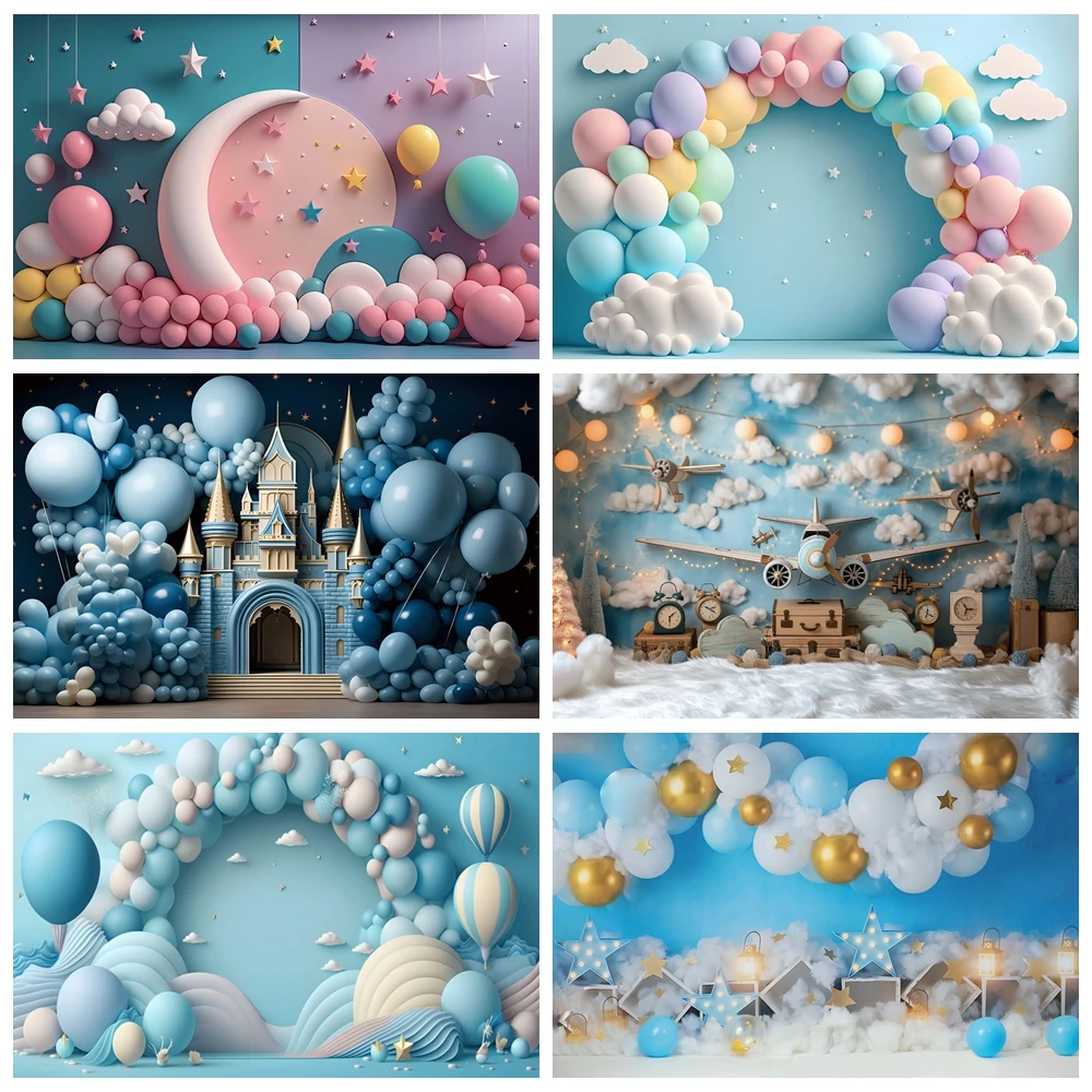 

Newborn Baby First Birthday Backdrop Balloons Girl Boy Baby Shower Cake Smash Party Pink Blue Photographic Background Decor Prop