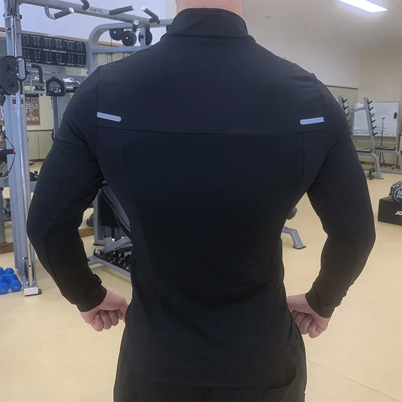 Tight Body Coat Men Autumn Winter Breathable Stretching T-shirt Sports Running Training Long-sleeved Semi-zipper Fitness Suit