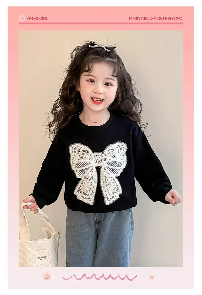Kleinkind Mädchen Sweatshirt mit Großer Spitze und Schleife Lässiger Baumwoll-Pullover mit Punkten für Kleinkinder Rundhals Langarm Oberteil Kinderkleidung – Detail 18