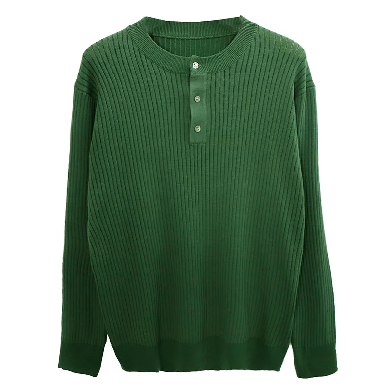 High end solid color striped green sweater for men in autumn and winter trendy casual wear, with a base knit sweater for men