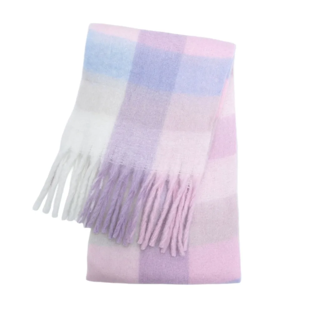 Simple Mohair Plaid Wool Scarf Long Thick Rainbow Tassel Shawl Korean Style Plush Winter Cashmere Scarves Student