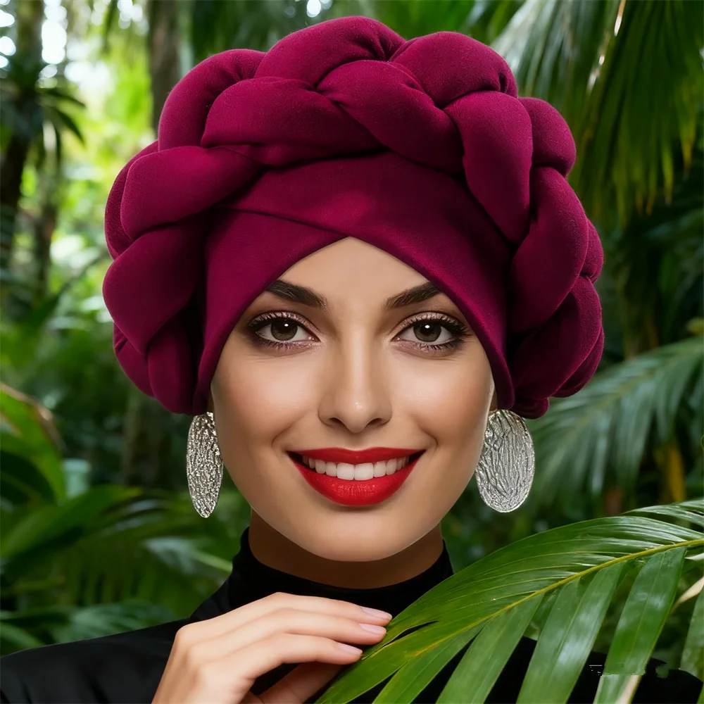 

Кепка-тюрбан с большими косами для женщин, африканский головной убор Auto Gele, Нигерия, платок для свадебной вечеринки, шляпа, капот, мусульманский хиджаб, повязки на голову, новинка