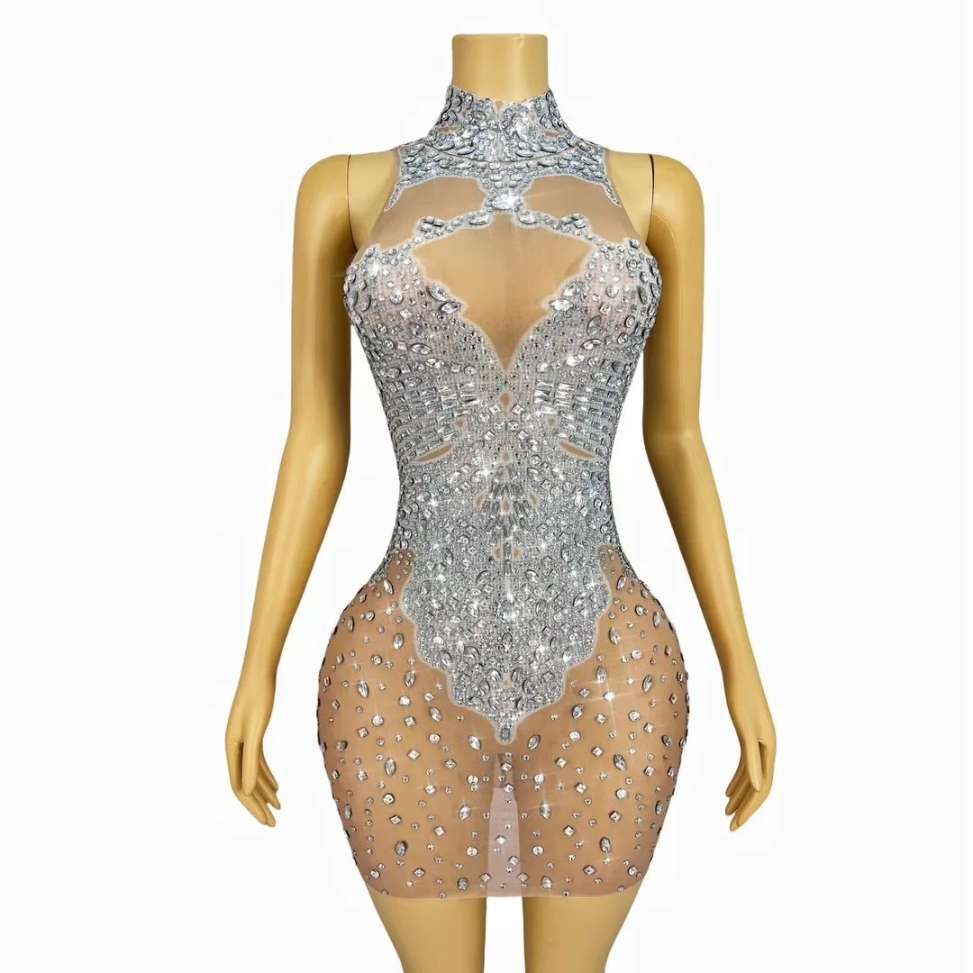 

Sparkly Silver Rhinestones See Through Prom Dress Women Birthday Celebrate Evening Party Mesh Outfit Bar Sexy Dancer Costume