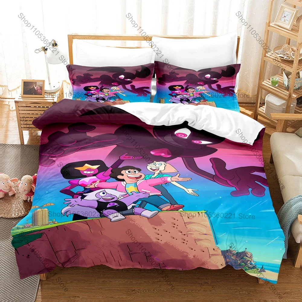 Cool 3 In 1 Steven Universe Themed Bedding, Duvet Cover + Two Pillowcases, Cute Anime Art Print Soft Fabric Nice Gift