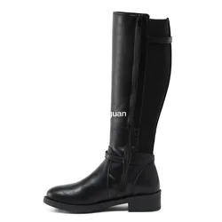 Women's Long Boots 2024 New Pu Leather Knee Boots Shoes Buckle Metal Decoration Fashion Outdoor Ladies Footwear Long Black Botas