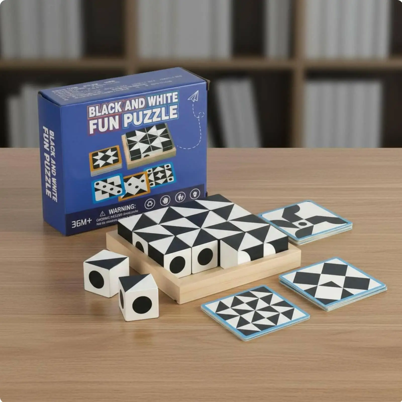 Wooden Learning Puzzle for Toddlers Geometric Reasoning Cubes Toy with Double Sided Challenge Cards