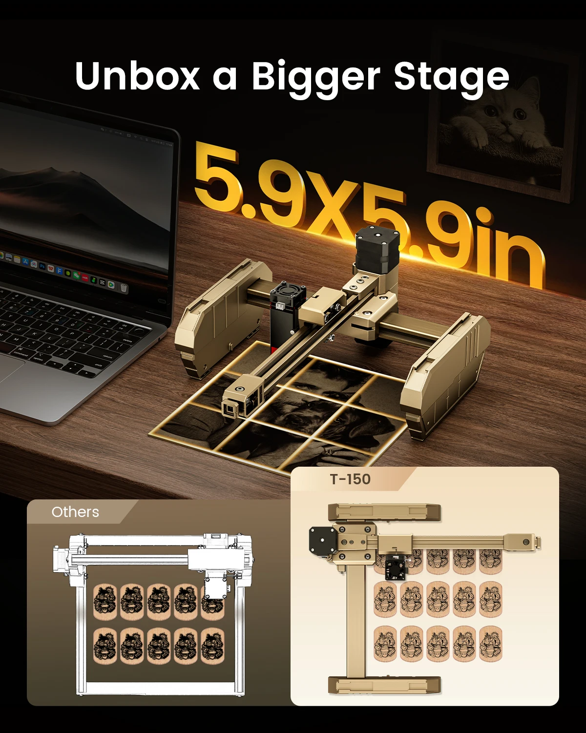 เครื่องแกะสลักเลเซอร์แบบพกพา AlgoLaser T150 รุ่นใหม่ ปี 2025 สำหรับงานไม้ หนัง อะคริลิก เหมาะสำหรับผู้เริ่มต้น