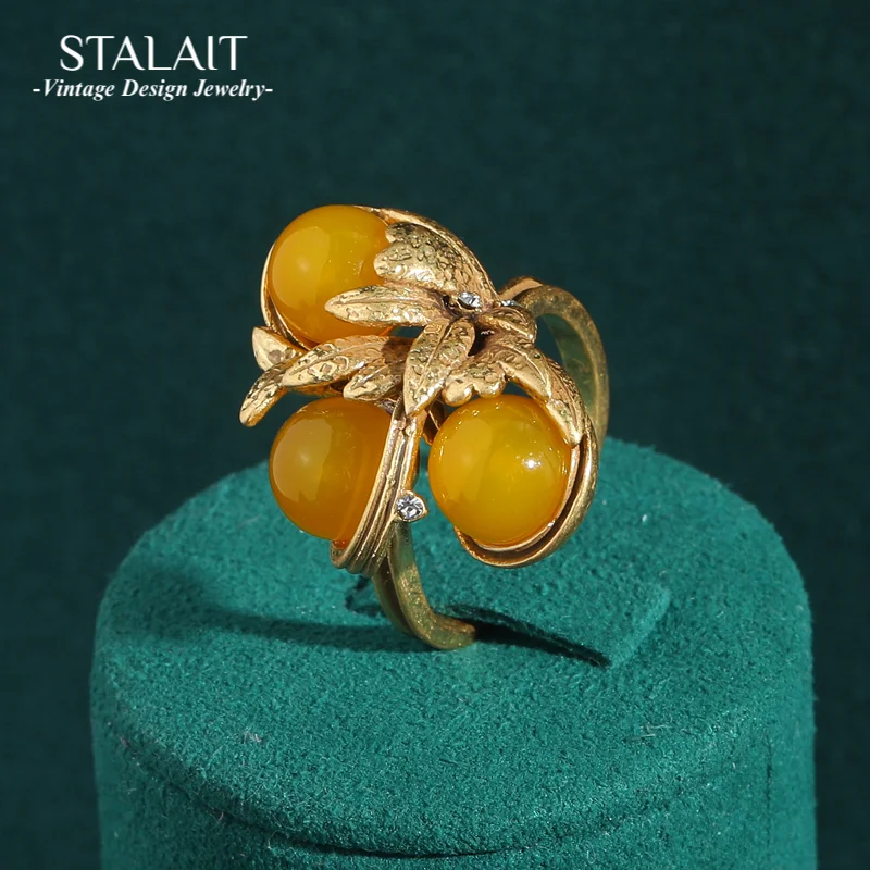 Vintage Antik Gelbe Kugel Gold Farbe Blatt Stein Ring Natürliche Einstellbar Frau Böhmischen Schmuck Zubehör Hohe Qualität 2025