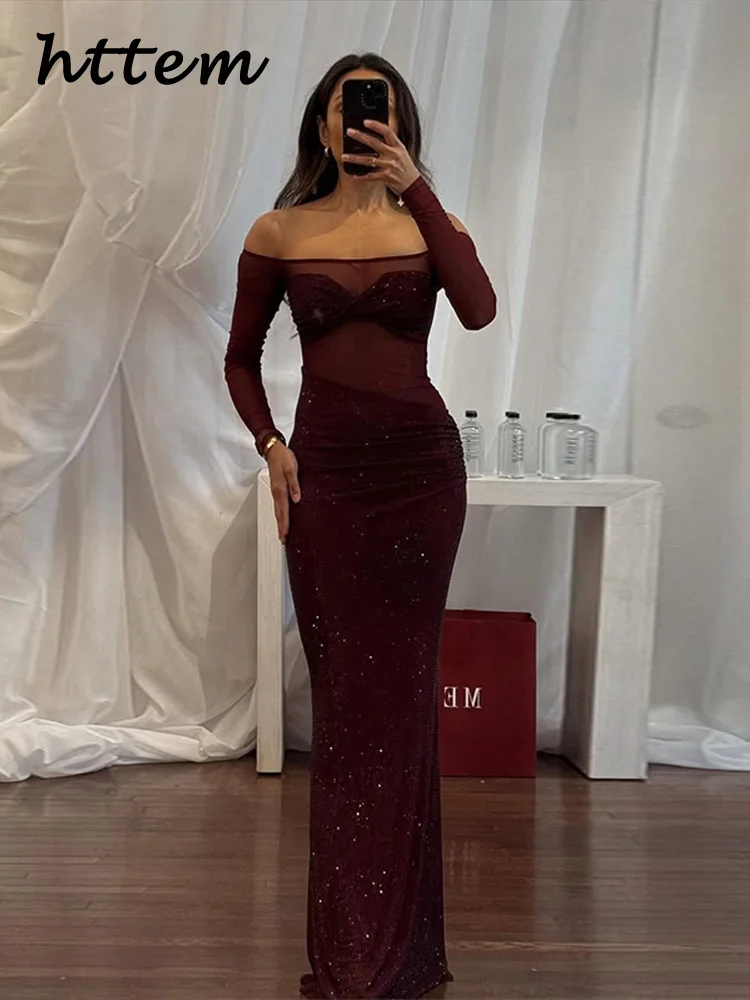 Élégant paillettes maille pure longue robe de soirée femmes épaules nues manches longues voir à travers les robes 2025 dame paillettes robes de soirée
