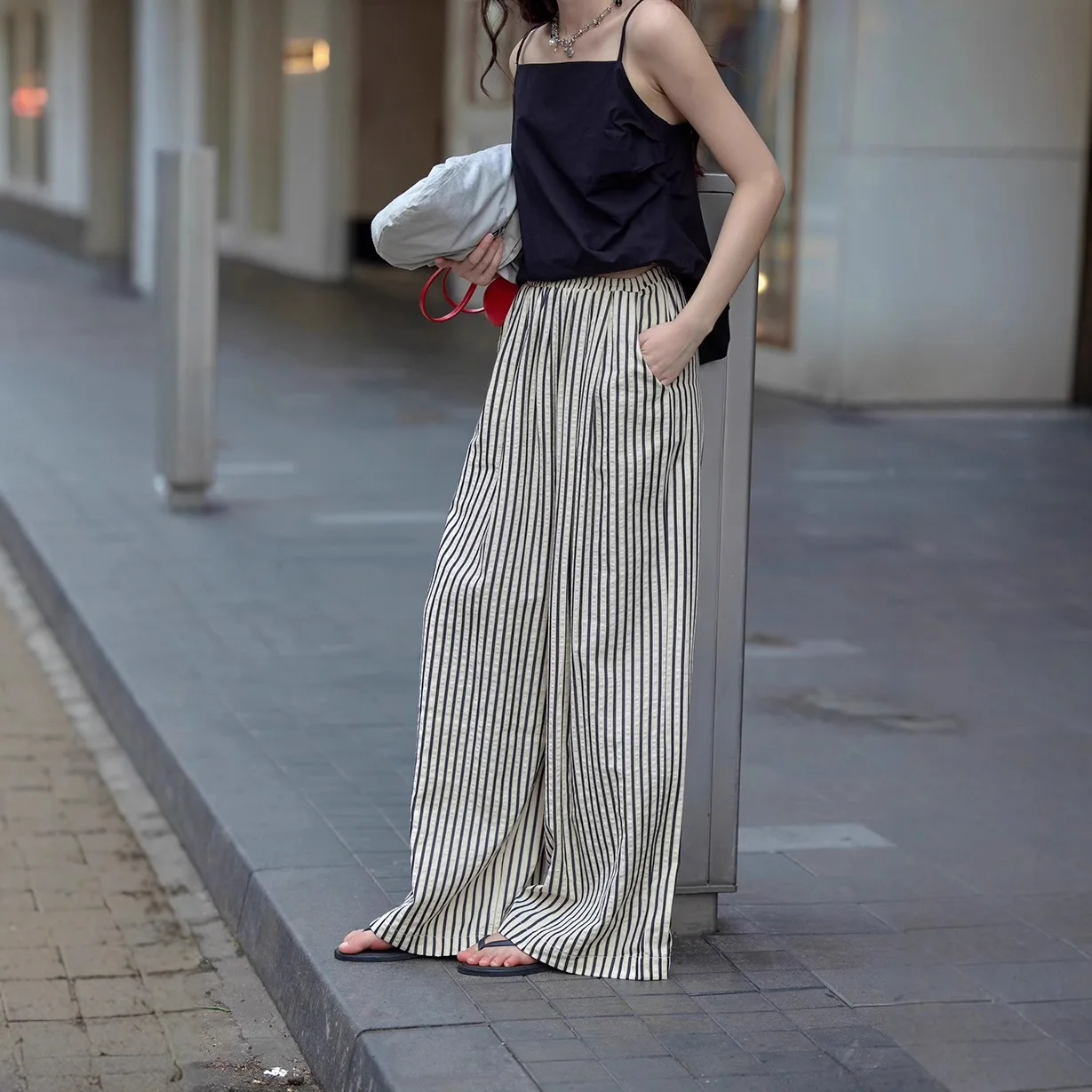 American Style Retro Vertical Stripe Drawstring Wide Leg Pants High Waist Dipping Loose Straight Casual Pants - Image 2