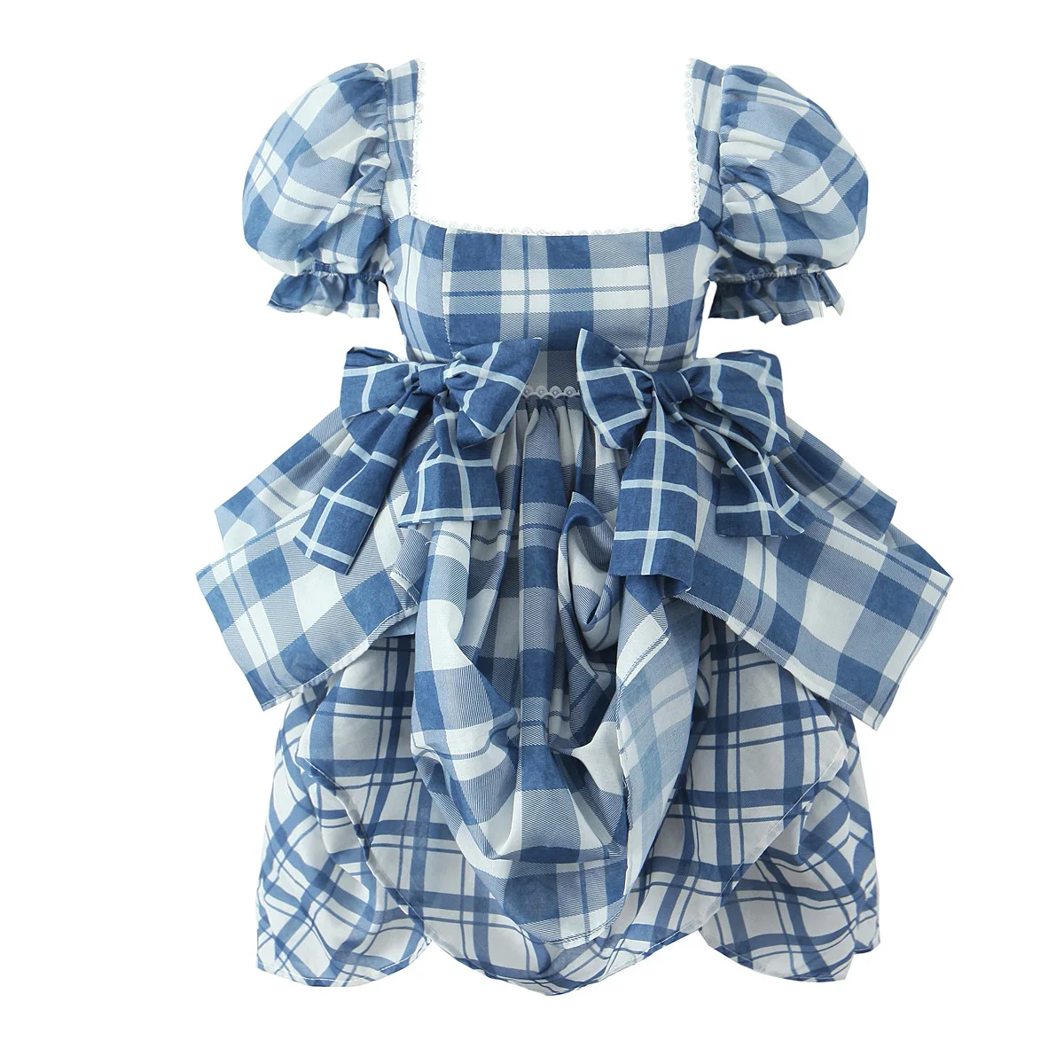 Princess Front 3D Bow Blue White Plaid Print Ball Gown Dress Women Square Collar Short Lantern Sleeve Party Fairy Mini Robe