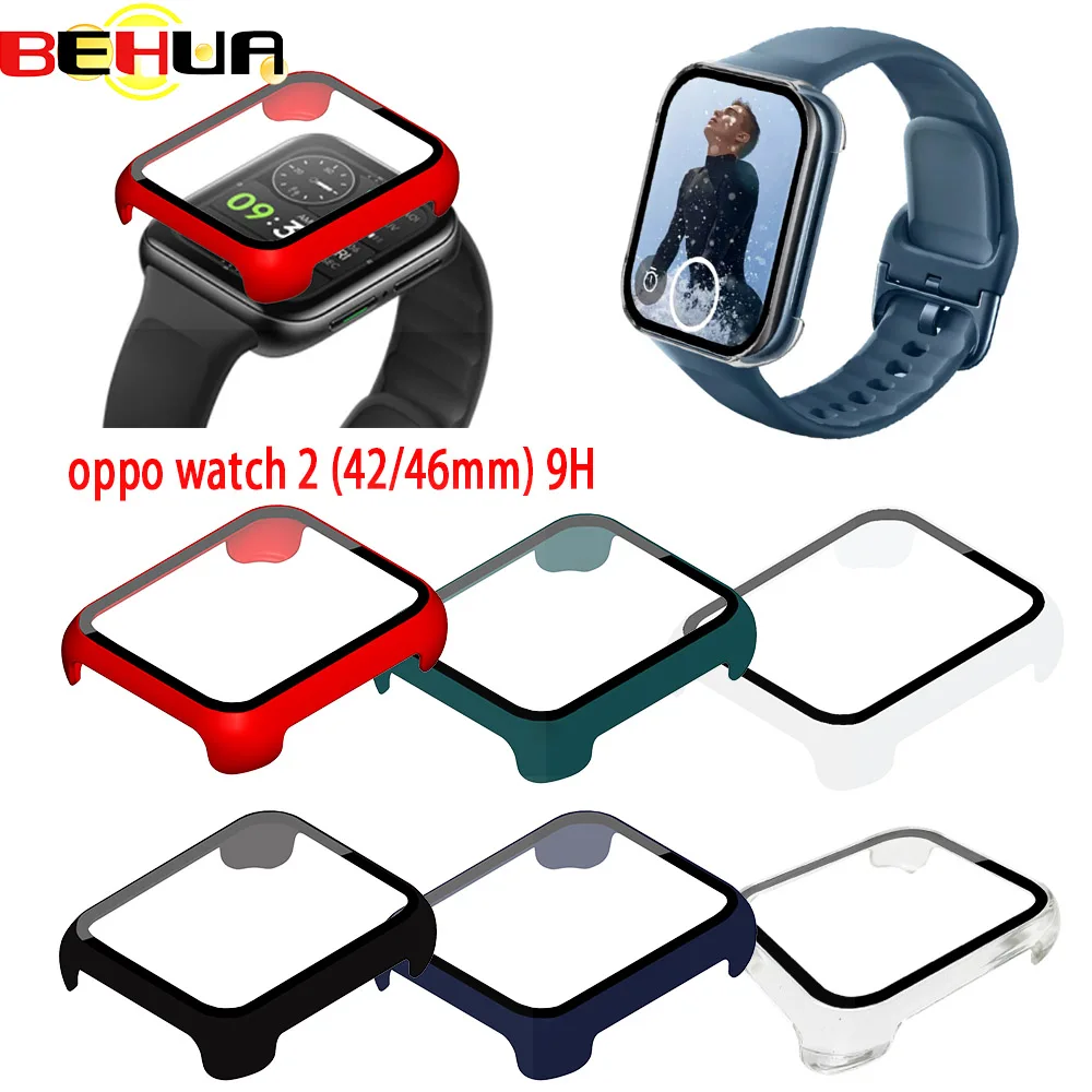 BEHUA Protective Case For OPPO Watch 2 46mm Smart Full PC Screen Protector Cover Shell+Tempered Glass Film For OPPO Watch2 42mm