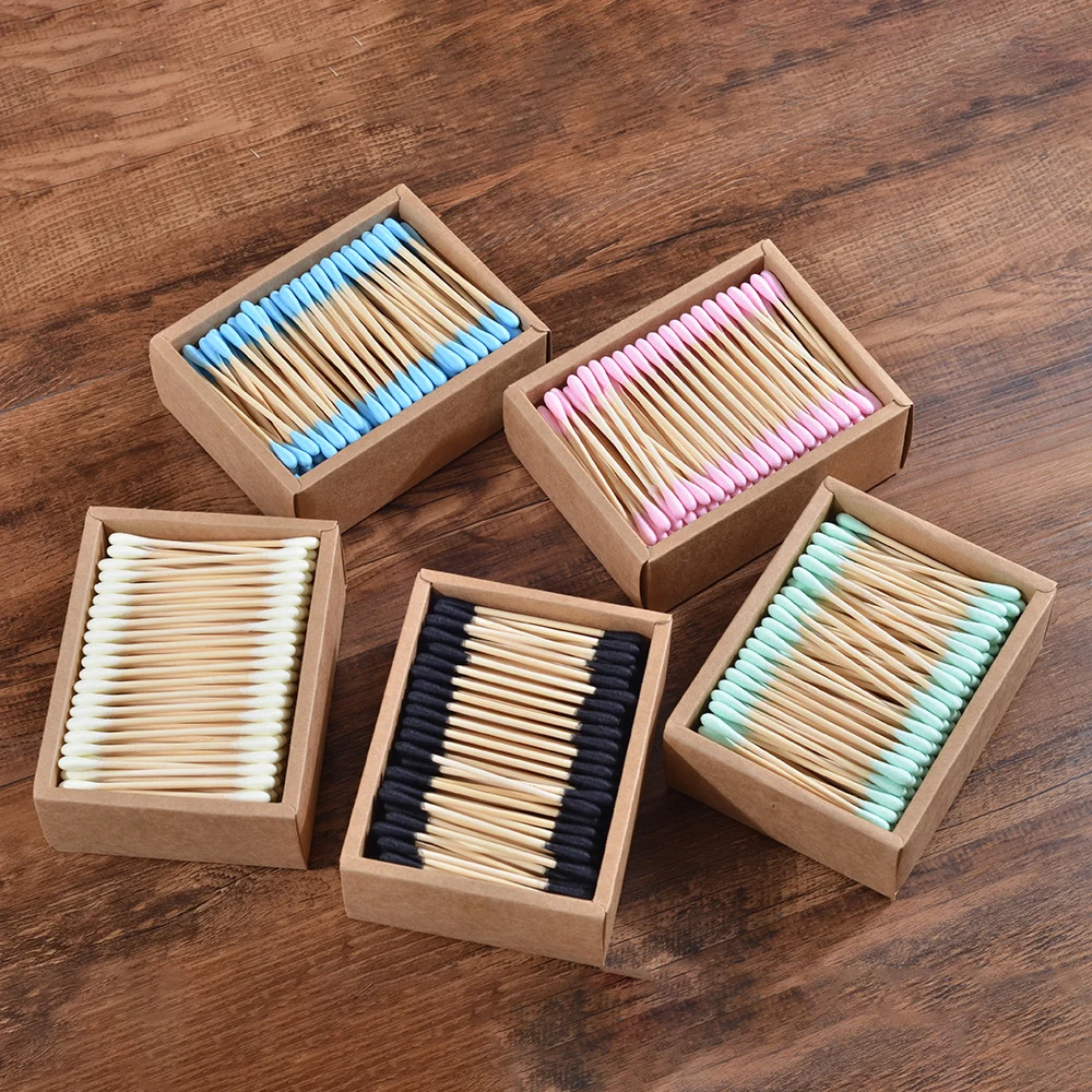 1000Pcs Color Mix Bamboo Cotton Double Head Adults Makeup Cotton Swab Microbrush Wood Sticks Nose Ears Cleaning Health Tools