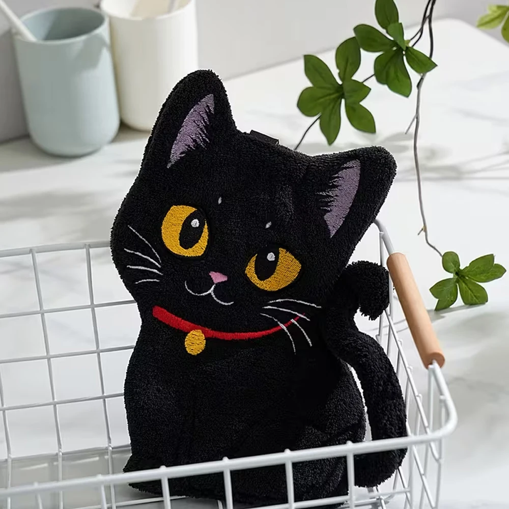Black Kitten Embroidered Hand Towel, Made of Coral Fleece, Super Absorbent and Quick-Drying, Can Be Hung in the Bathroom, Dining Room, or Kitchen as a Fingertip Towel