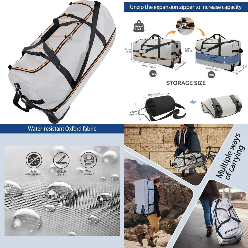 

Expandable 32 Soft-Sided Rolling Duffle Bag, 140L Capacity, 2 Wheels, 3 Compartments, Adjustable, Travel Luggage
