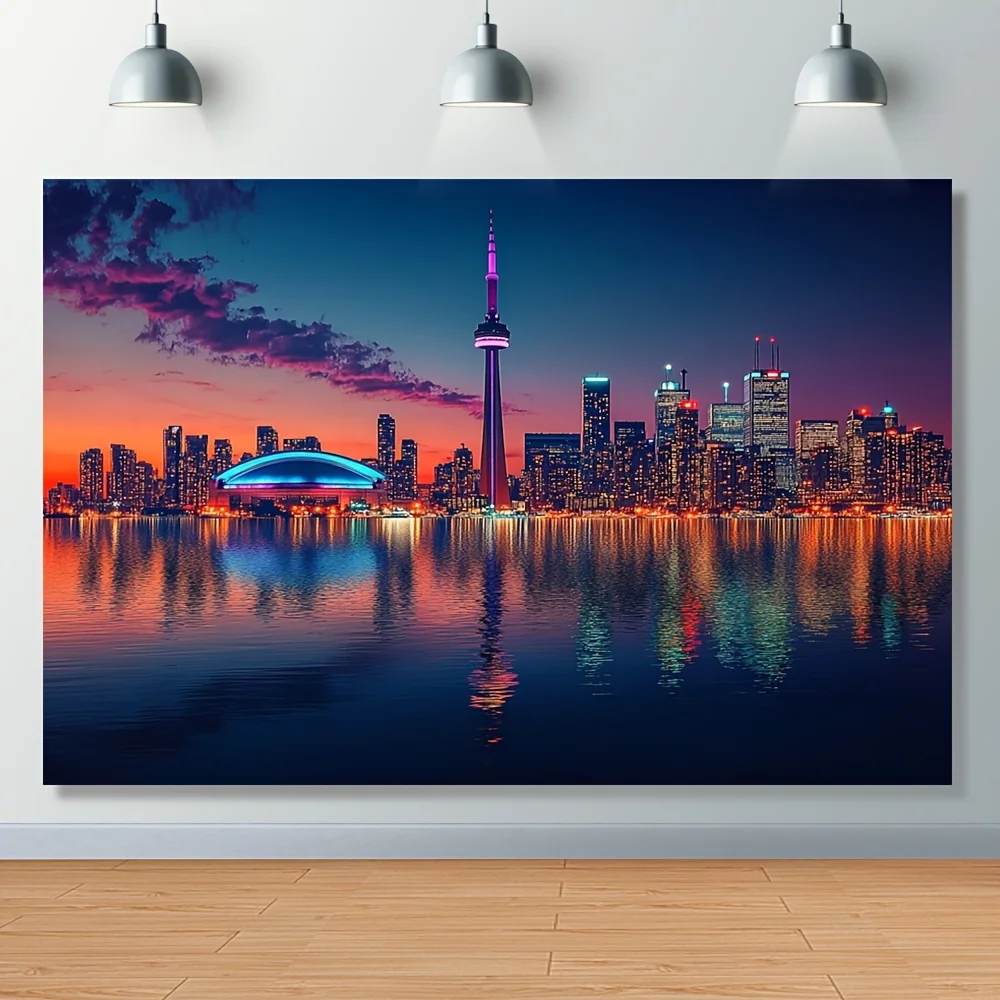 Toronto Skyline Tapestry Wall Hanging, CN Tower and Rogers Centre at Sunset, City Night View Decor for Living Room Bedroom