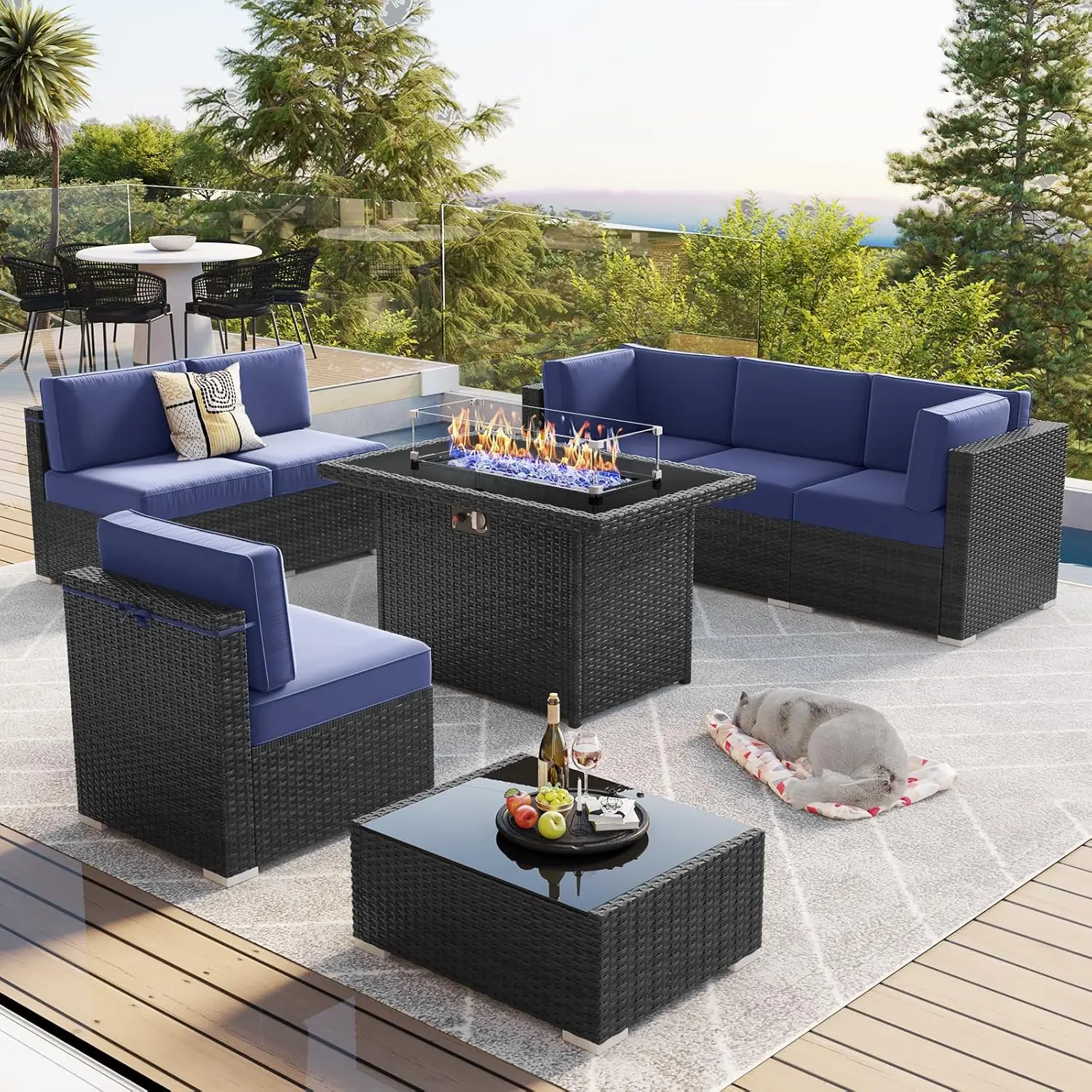 

8PCS Patio Wicker Rattan Sofa Set w/44" Propane Gas Fire Pit Table, Outdoor Sectional Conversation Set with Coffee Table