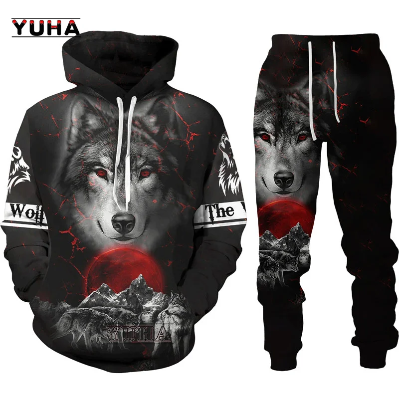 Autumn and Spring Wolf 3d Printed Hoodie Pants Suit Male Casual Sweashirt Pullover Men Tracksuit Set Fashion Men\'s Clothing Suit