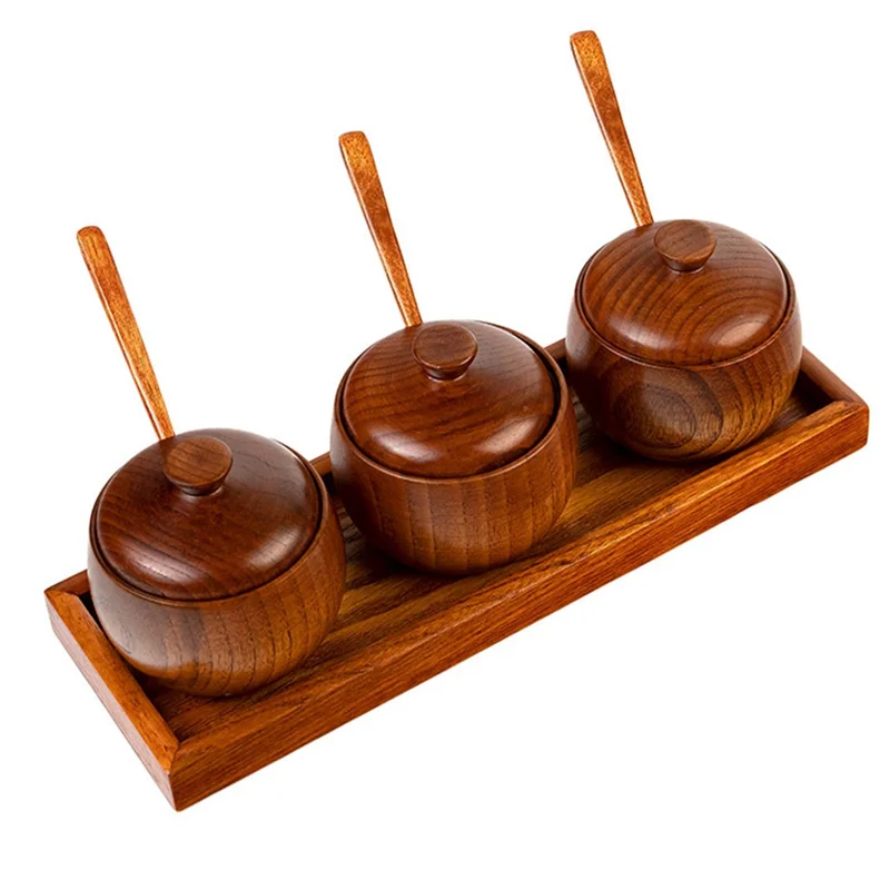 

A74E-Wooden Spice Jar Set With Tray, Set Of 3 Condiment Jar Canisters Pots Spice Container With Lids & Spoons Seasoning Box