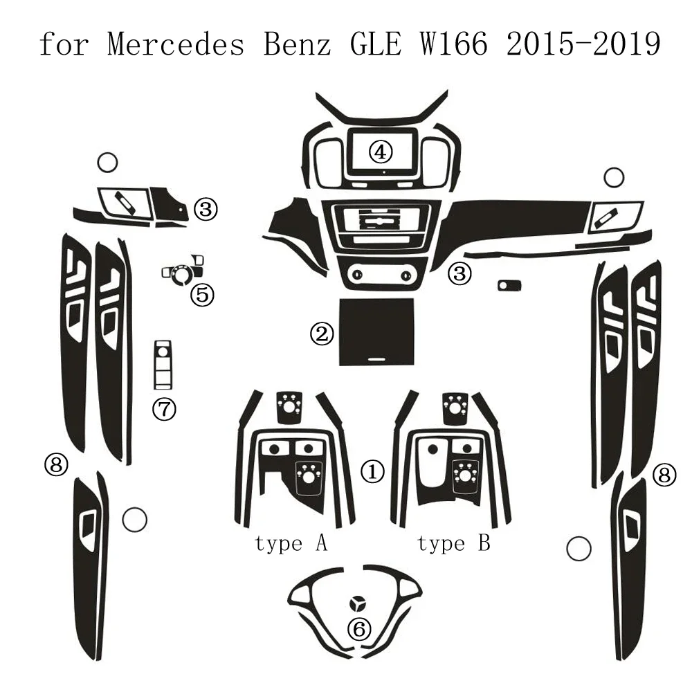 Carbon Fiber For Mercedes Benz GLE W166 2015-19 Film Interior Stickers Center Console Gear Dashboard Air Door Handle Lift Panel