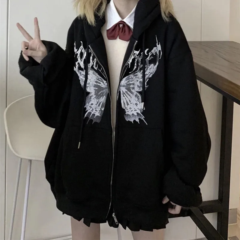 Y2k Harajuku Women Hoodie Coat Autumn Gothic Butterfly Printed Sweatshirt Zip Up Long Sleeve Hooded Sweatershirt Pocket Jacket