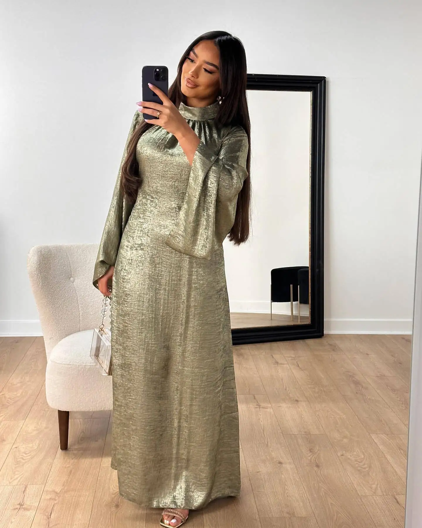 New Modest Muslim Loose Sleeve Belted Dress Robes Corban Eid Al Adha Shiny Party Evening Dresses Moroccan Turkey Dubai Vestidos