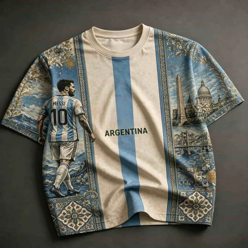 2026 New Argentine Star Messi No. 10 Jersey with Plaza De Mayo Monument Print, Breathable Sports T-Shirt, Unisex Family Matching