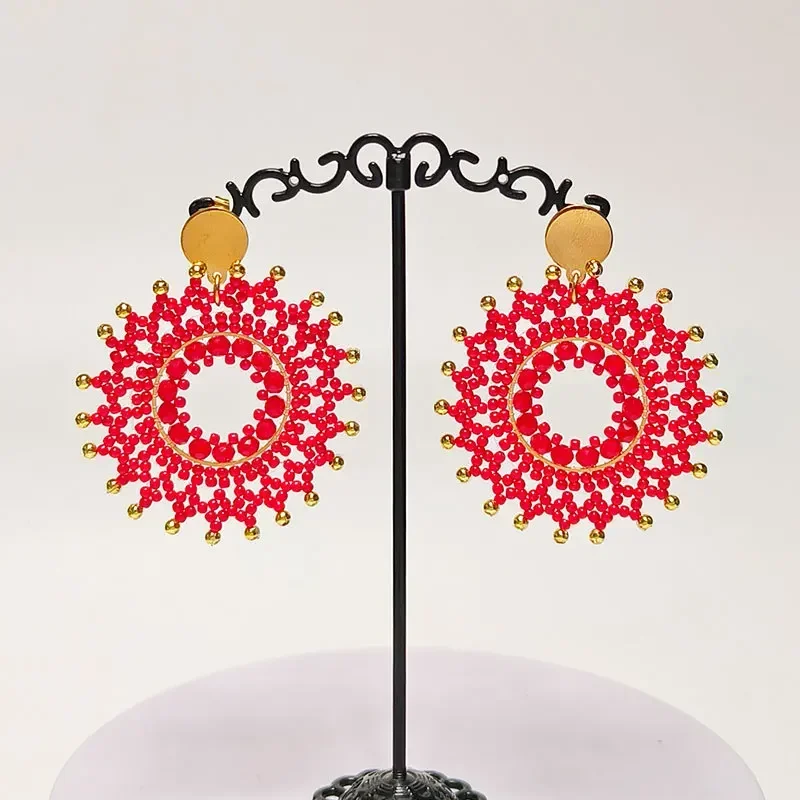 

2025 Handmade Beaded Earrings Roundness Sunflower Originality Crystal Hollow Out Bohemia Hand Knitting Graph Fashion Red