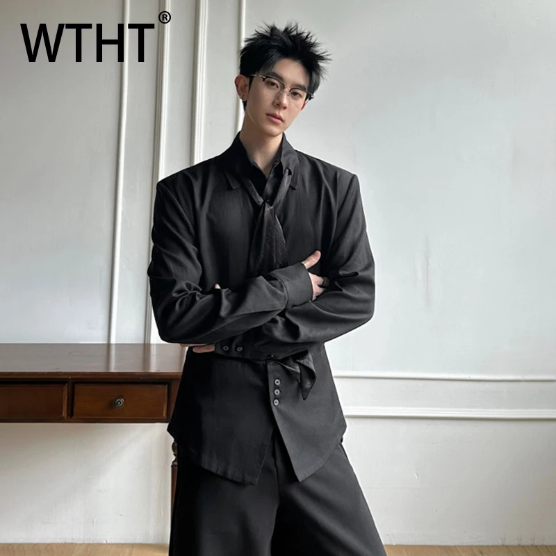 

Мужская однотонная рубашка WTHT Fashion 2026 с ленточным дизайном, свободного кроя, в американском стиле, на одной пуговице, трендовая, модель 2A2846